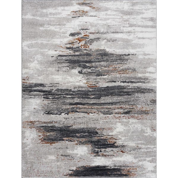 HAUTELOOM Liverpool Collection 2 ft X 3 ft. Gray, Off White, Rust, Charcoal Marble Modern Abstract Contemporary Style Area Rug