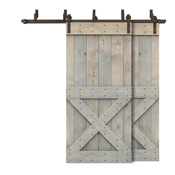 CALHOME 60 in. x 84 in. Mini X-Bypass Smoke Gray Stained DIY Solid Wood Interior Double Sliding Barn Door with Hardware Kit