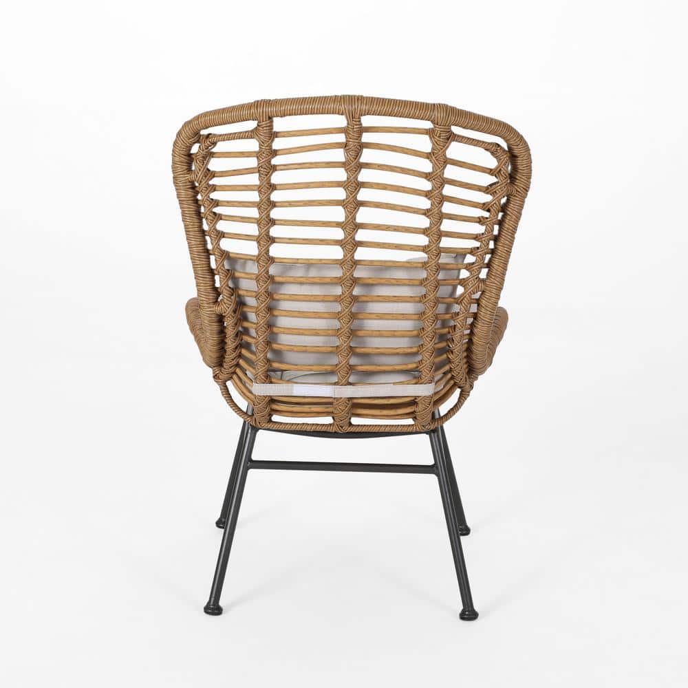 Light Brown Faux Rattan Armless Patio Chairs with Beige Cushions