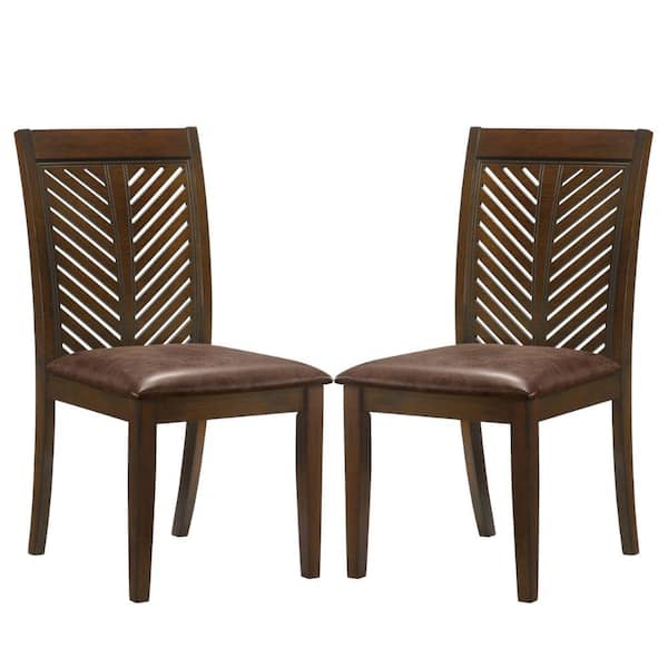 Benjara Brown Faux Leather Chevron Cutout Back Dining Chair (Set of 2)
