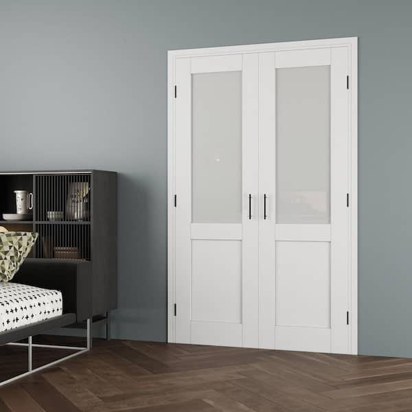 48 in. x 80 in. 1/2Lite Frosted Glass Universal White Solid Core MDF Double Prehung French Door with Jamb and Ball Catch