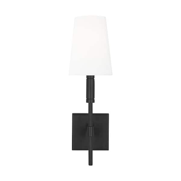 Generation Lighting Beckham Classic 1-Light Aged Iron Sconce with White Linen Fabric Shade