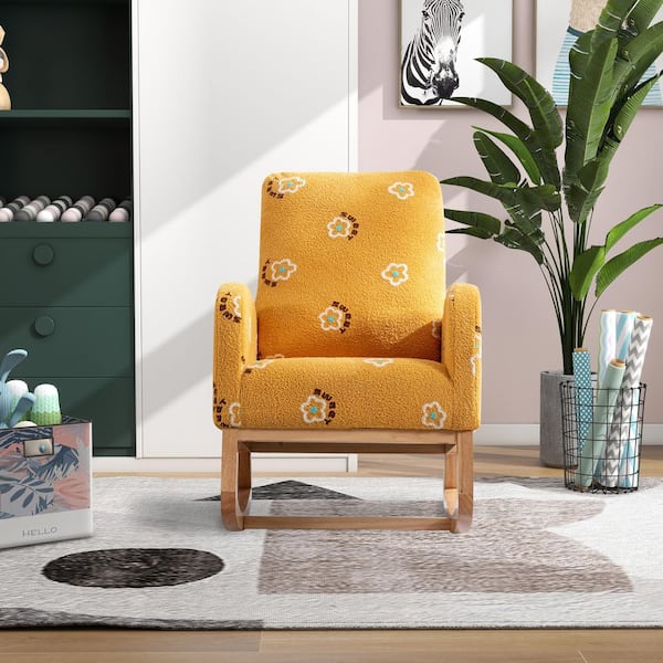 26.8 in. Mustard Boucle Rocking Chair, Mid-Century Modern Nursery Glider w/ Side Pocket and High Back, Solid Wood Frame