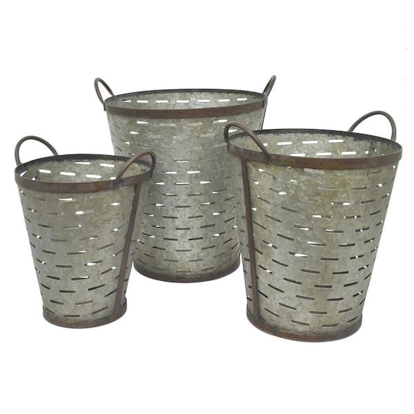THREE HANDS 15 in. x 14 in. Metal Buckets in Gray (Set of 3)