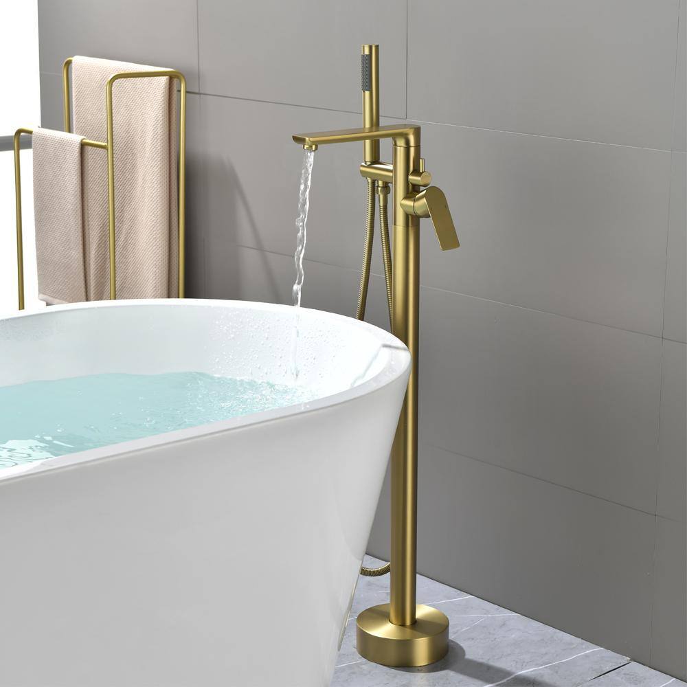 Brushed Gold Freestanding Tub Filler Faucet with Handheld Shower