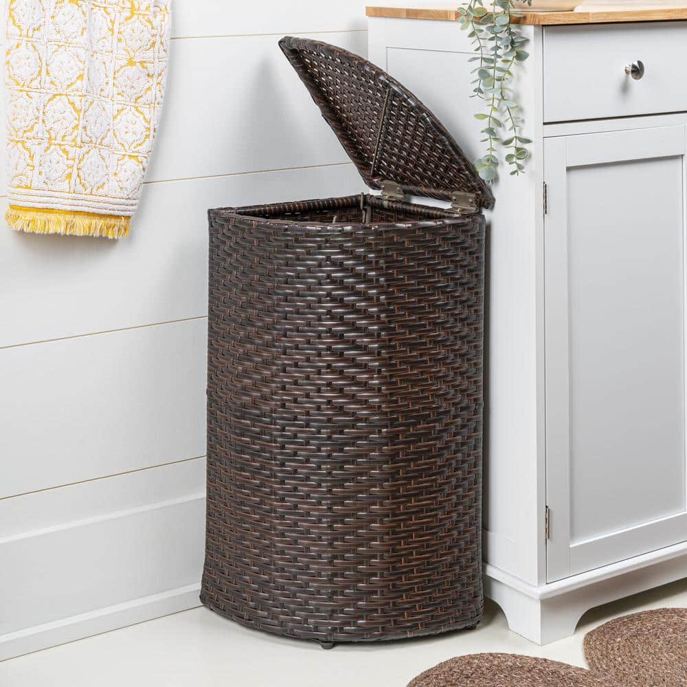 Brown Faux Wicker Corner Outdoor Trash Can with Lid