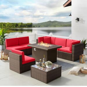 Brown 8-Pcs Wicker Patio Fire Pit Sectional Seating Set with Red Cushions 44 in. Fire Pit Coffee Table and Cover
