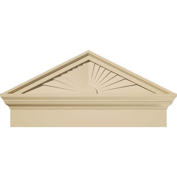 Ekena Millwork 28 in. W x 13-7/8 in. H x 2-3/4 in. P Pitch 6/12 Peaked Cap Sunburst Signature Urethane Combination Pediment, Primed Tan
