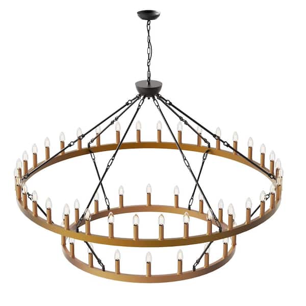 YANSUN 60 in. 54-Light Extra-Large Gold Wagon Wheel Chandeliers, 2-Tier Farmhouse Pendant Light for Dining Room Living Room