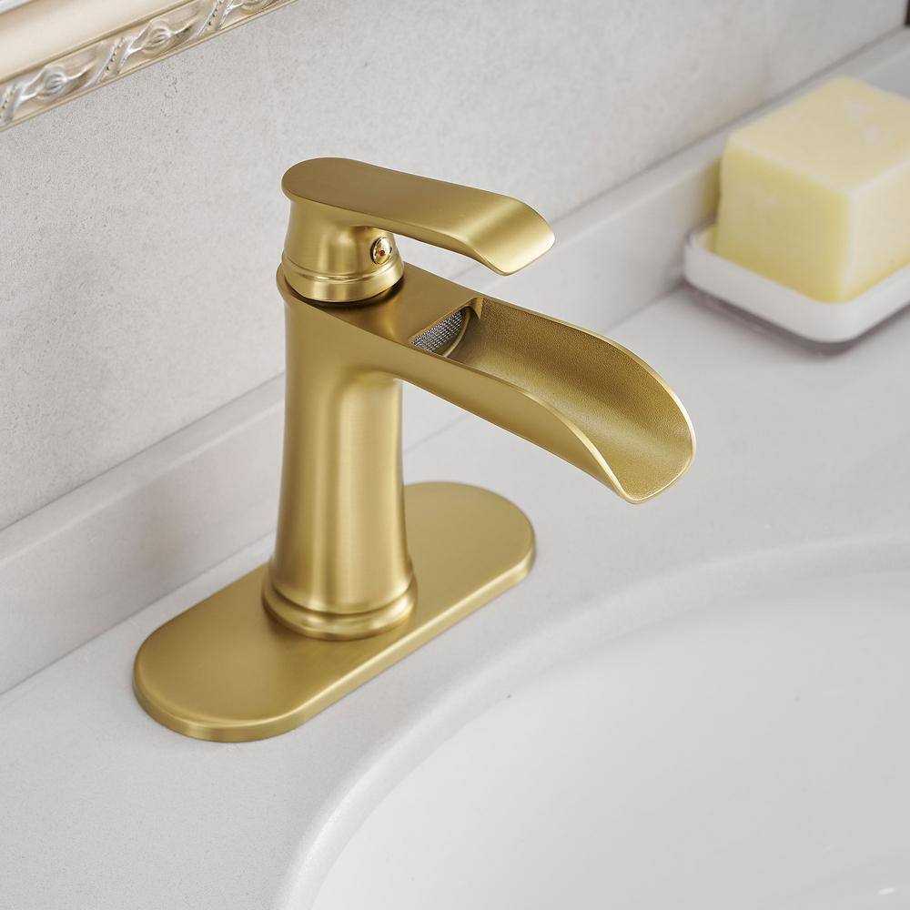 Brushed Gold Brass Single Handle Waterfall Bathroom Faucet