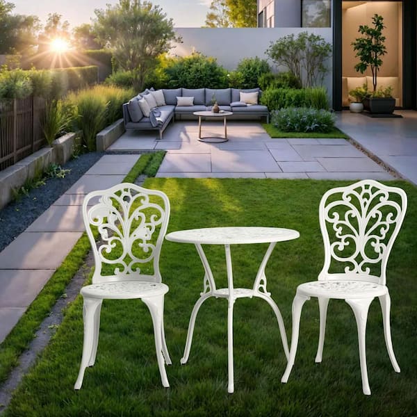 White 3-Piece Metal Outdoor Bistro Set, Outdoor Rust-Resistant Cast Aluminum Patio Bistro Set