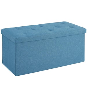 Ottoman Bench, Storage Chest, Linen Fabric Foot Rest Stool, 110L Storage Footstools, Blue Folding Storage Ottoman