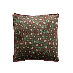 Green and Brown Leopard Print Pattern Microfiber 20 in. x 20 in. Throw Pillow with Eyelash Fringe