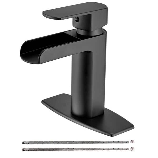 Waterfall Single-Handle Single Hole Drip-Free Bathroom Faucet with Supply Hose and Deckplate in Matte Black