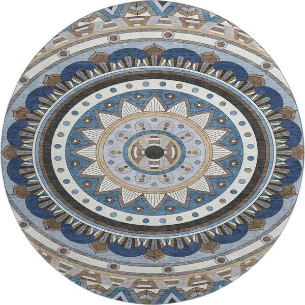 Mayfield Premium Machine Washable Abstract AMF2277 Denim 8 ft. x 8 ft. Round Rug