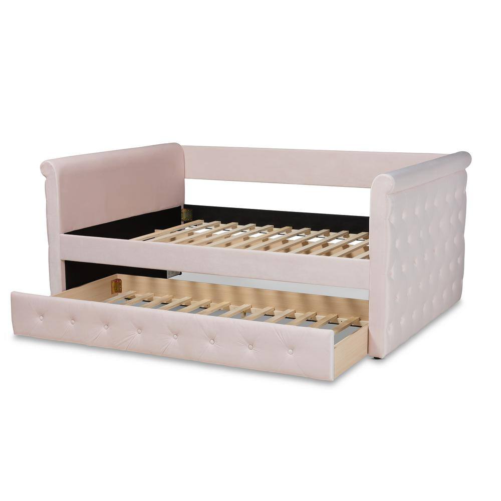Light Pink Velvet Queen Daybed with Trundle and Tufted Upholstery