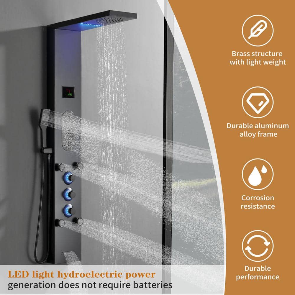 Matte Black LED Shower Panel with Brass Jets and Handheld