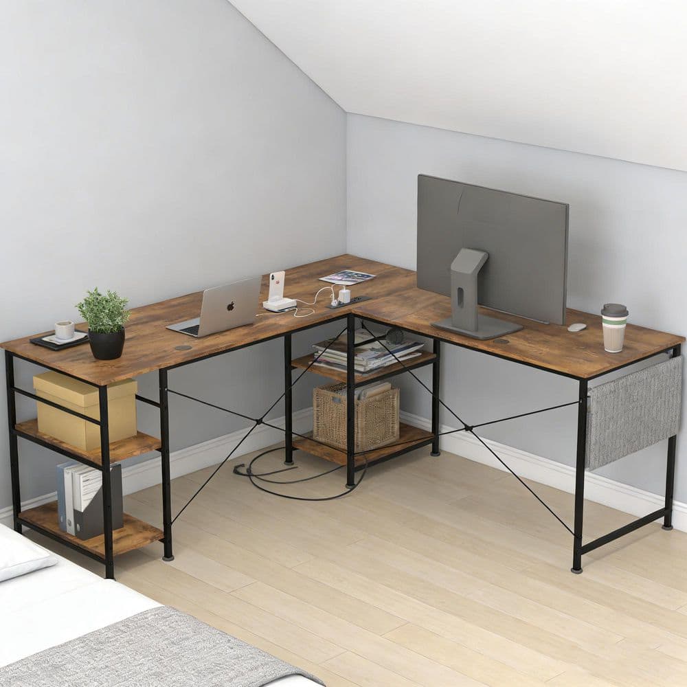 55.12 in. Convertible Shapes Vintage Brown Wood 4 Built-in Power Outlets Computer Desk with 4-Shelves price history on PriceWatchPro