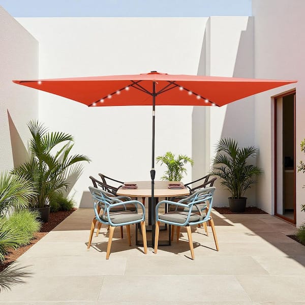 10 ft. x 6.5 ft. Rectangular Aluminum Market Solar LED Lights Push Button Tilt Patio Umbrella in Orange