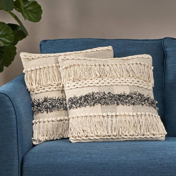 Noble House Bingham Natural and Grey Geometric Zipper 18 in. x 18 in. Throw Pillow Cover (Set of 2)