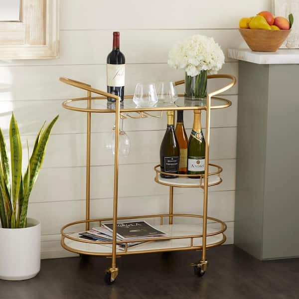 Litton Lane Gold Rolling 1 Glass and 2 Marble Shelves Bar Cart with ...