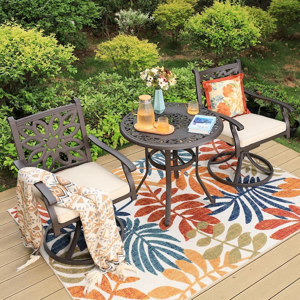 Brown 3-Piece Cast Aluminum Outdoor Dining Set with Round Table and Swivel Chairs with Beige Cushions