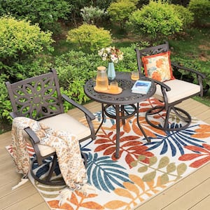 Brown 3-Piece Cast Aluminum Outdoor Dining Set with Round Table and Swivel Chairs with Beige Cushions