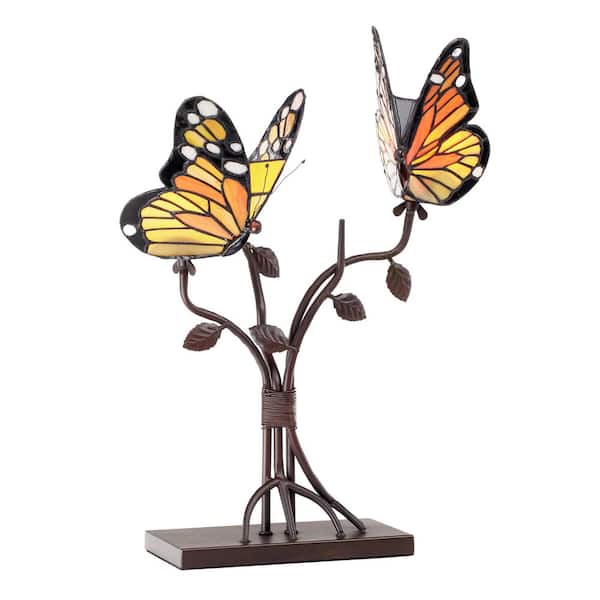 River of Goods Mila 20.5 in. Bronze Block Base and Stained Glass Table Lamp with Multicolor Butterfly Shaped Shades