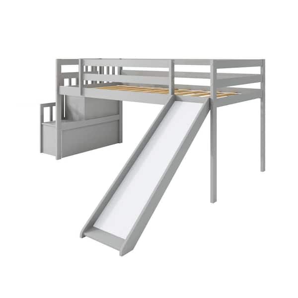 wetiny Gray Twin Loft Bed with Staircase, Storage, Slide