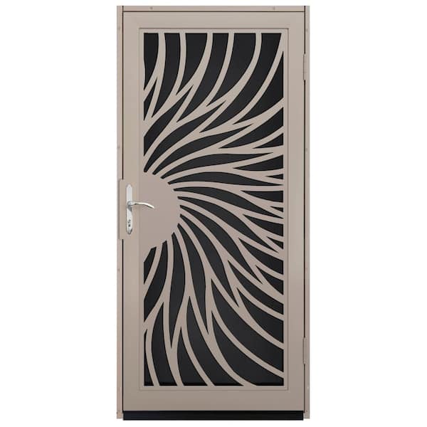 Unique Home Designs 36 in. x 80 in. Solstice Tan Surface Mount Steel Security Door with Black Perforated Screen and Nickel Hardware