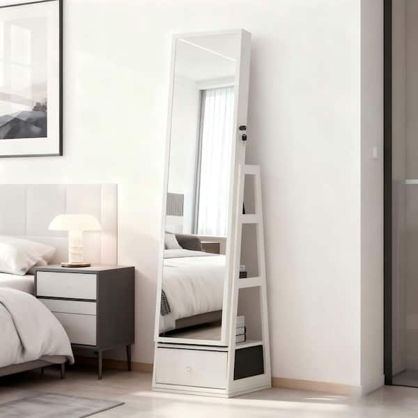 White 15.80 in. W x 65 in. H Rectangular Wood Full Length Decorative Dressing Mirror with Jewelry Cabinet