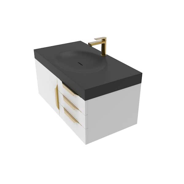 castellousa Thames 36 in. W x 19 in. D x 16.25 H Single Floating Bath Vanity in Matte White with Gold Trim with Black Top