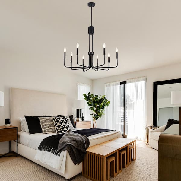 8-Light Black Traditional Hanging Adjustable Linear Candlestick Chandelier Lighting for Kitchen Island