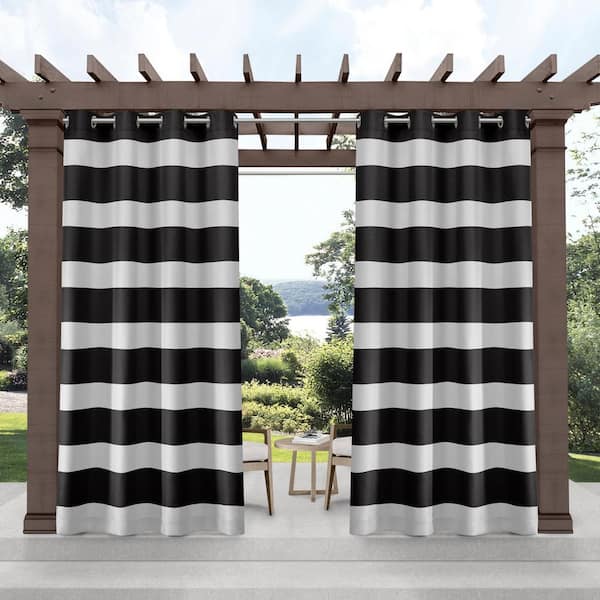 EXCLUSIVE HOME Cabana Black Stripe Polyester 54 in. x 120 in. Grommet Top Light Filtering Curtain Panel (Set of 2)