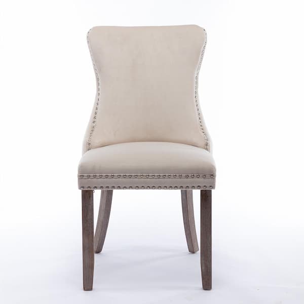 Jushua Beige Upholstered Wing-Back Dining Side Chair with Backstitching Nailhead Trim and Solid Wood Legs (Set of 2)