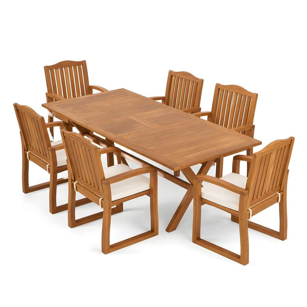 Antonia 7-Piece Rectangle Teak Solid Wood Top Outdoor Dining Table Set with White Cushion Seats 6 price history on PriceWatchPro