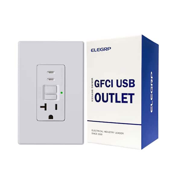 20 Amp Tamper Resistant Self-Test GFCI Outlet, 24-Watt In-Wall USB Charger combo Receptacle, Dual Type C, White 1-Pack