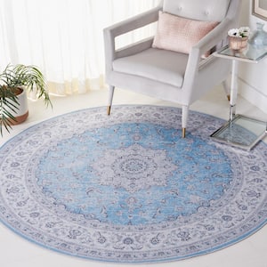 Tucson Blue/Gray 6 ft. x 6 ft. Machine Washable Border Floral Medallion Round Area Rug