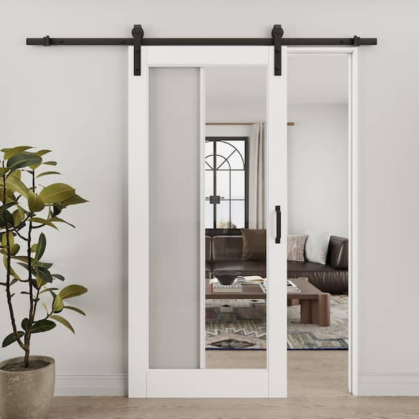 36 in. x 80 in. 1-Lite Tempered Clear Glass White Primed Solid Core MDF Sliding Barn Door with Hardware Kit