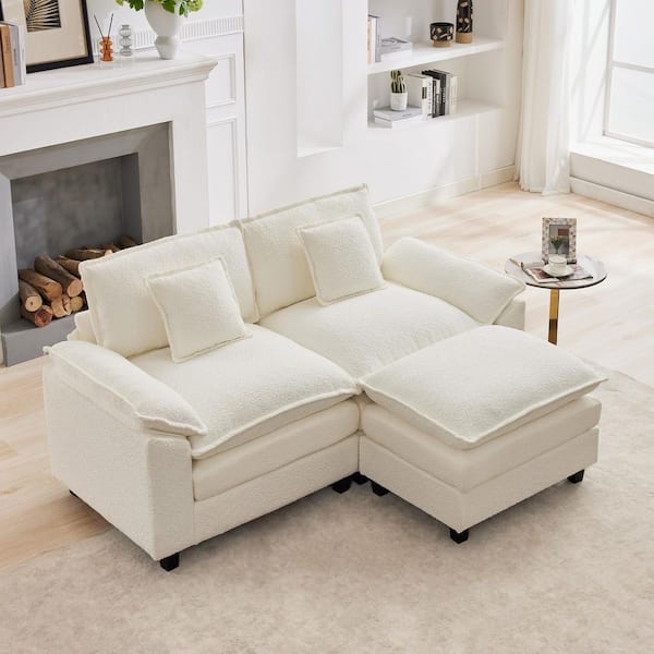 74.8 in. Chenille Fabirc Pillow Top Arm L-Shaped 3-Seat Sectional Sofa Couch with Ottoman in Beige