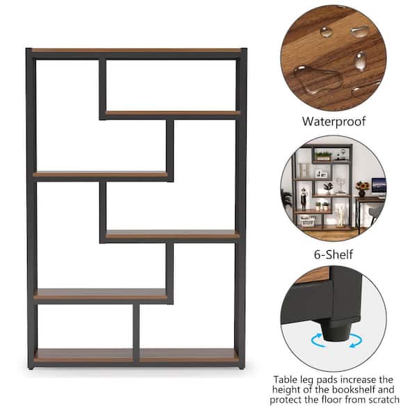 Frailey 69 in. Tall Rustic Brown Wood 6-Shelf Standard Bookcase with Interior Shelves, Sturdy Metal Frame Home Office