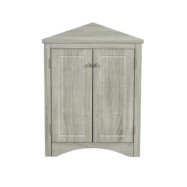 URTR Classic Oak Gray Wood Storage Cabinet Triangle Corner Floor Cabinet with Adjustable Shelves for Bathroom, Living Room