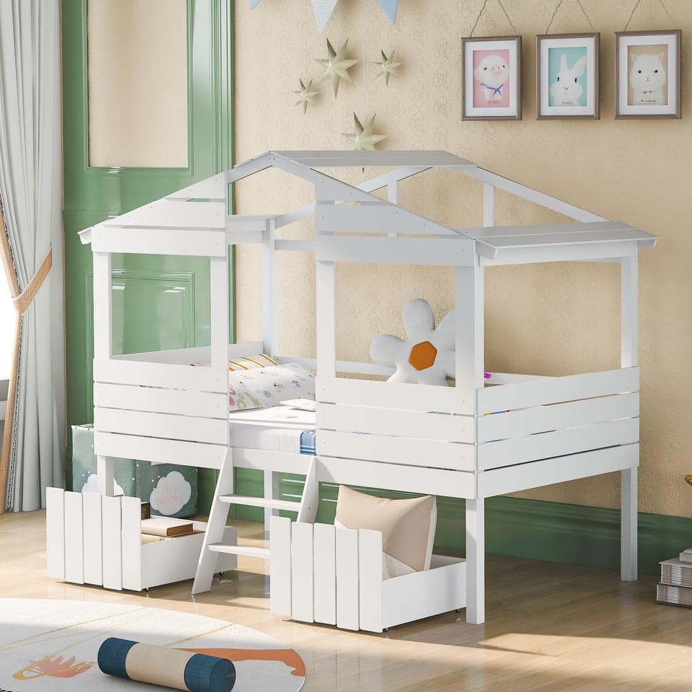 JASMODER Twin Loft Bed with 2-Drawers Windows and Roof Design ...