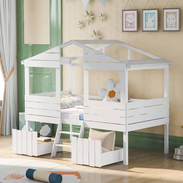 JASMODER Twin Loft Bed with 2-Drawers Windows and Roof Design