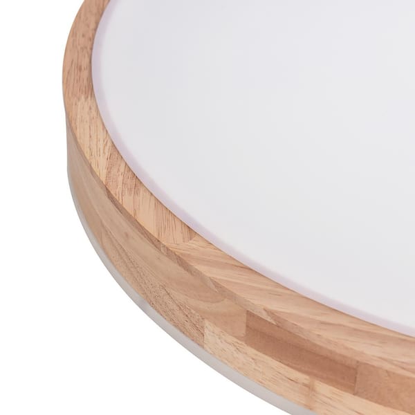 HUOKU Lumin 11.8 in. 1-Light Wood and White Finish Smart LED Flush