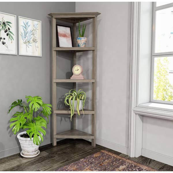 Unbranded Edenton 60 in. Washed-Gray Wood 4-Shelf Corner Bookcase with Open Back