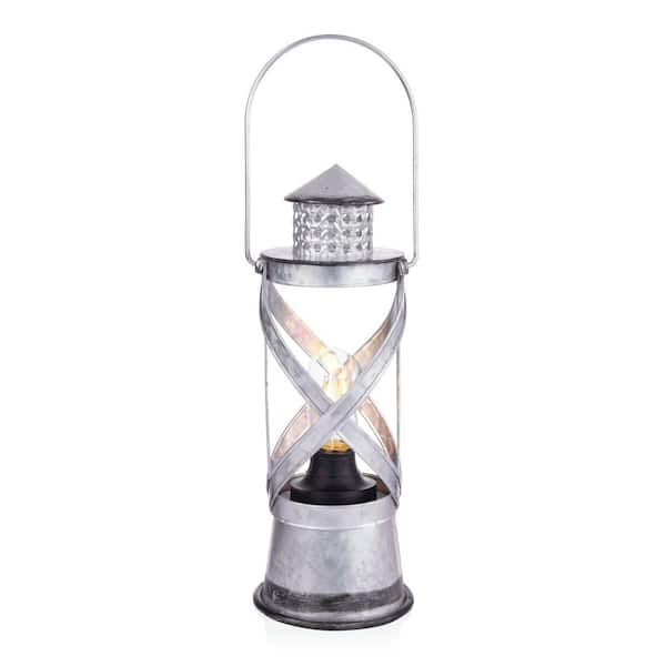 15 in. H Indoor/Outdoor Vintage Metal Lantern with LED Lights in Silver
