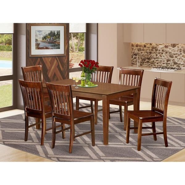 7-Piece Rectangle Mahogany Finish Solid Wood Top Dining Table with 6 Slat Back Dining Chairs, Elegant Dining Set Seats 6