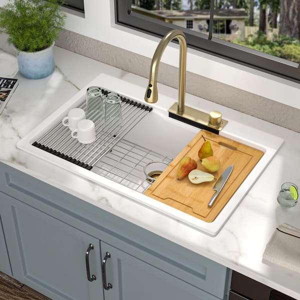 33 in. Drop-In Topmount Sink Single Bowl White Granite/Quartz Composite Workstation Kitchen Sink with Pull Down Facuet