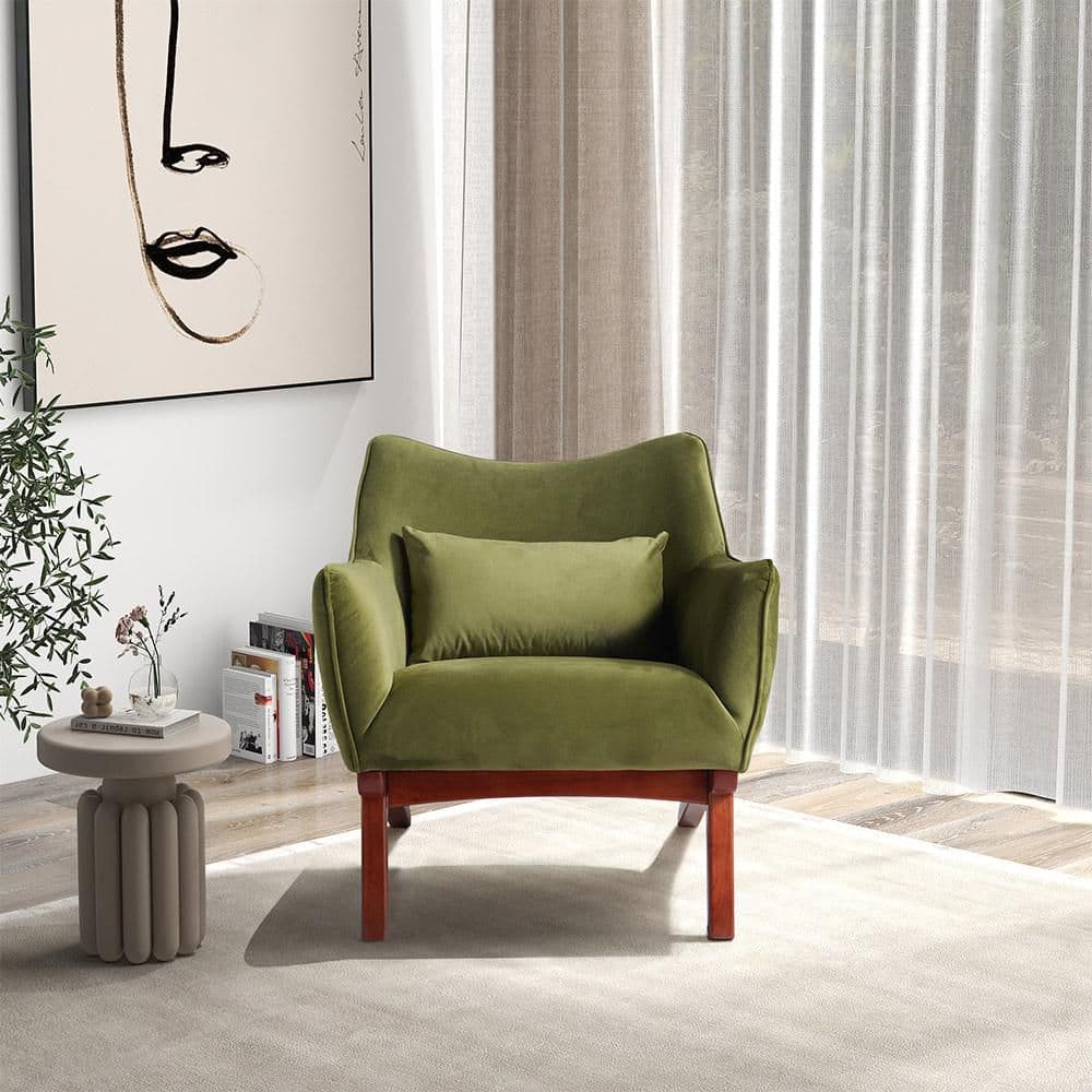 Olive Velvet Accent Chair With Covered Wooden Frame